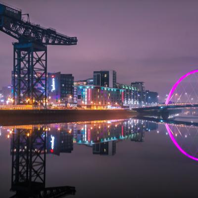Scotland, Glasgow, Clyde, cityscape, urban, reflection, UK, bridge, sunset 