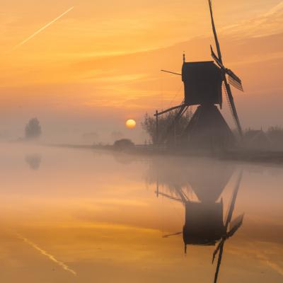 Holland, kinderdijk, windmills, sunrise, holland, mist, fog,  molens, zonsopkomst, reflection 