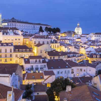 Portugal europe lisbon alfama blue hour city lights old town church white houses 