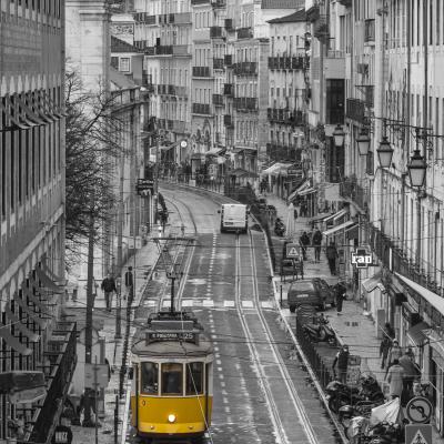 Lisbon portugal tram yellow black white street city 