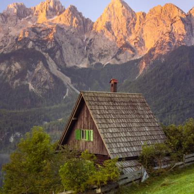 Slovenia Srednji Vrh alps triglav wooden house sunrise  