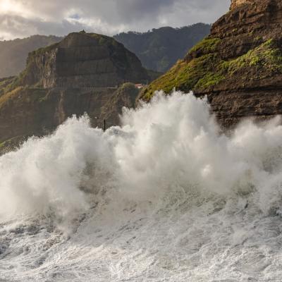 Madeira coast waves storm light mountains road