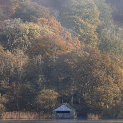 England, rydal water, lake district, Autumn, mist, boathouse