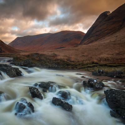 Scotland, landscape, landschap, highlands, Glencoe, valley, waterfall, sunset, long exposure