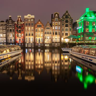 Amsterdam, Damrak, Holland, Netherlands, Nederland, boat's, houses, Damrak, Dutch, reflection  