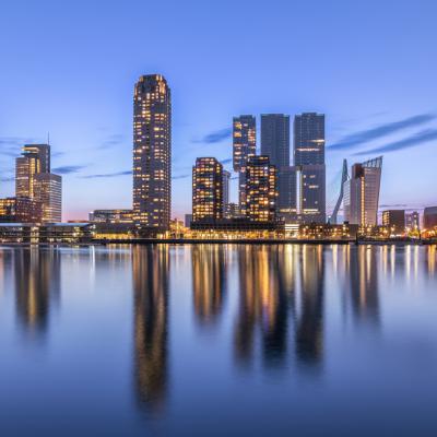 The Netherlands Rotterdam kop van zuid blue hour city center night light trials  